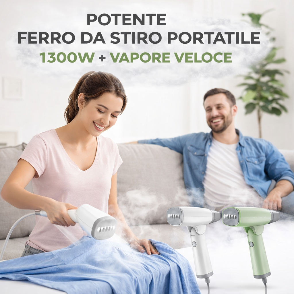 Ferro da stiro portatile a vapore bianco e verde con ugello grigio