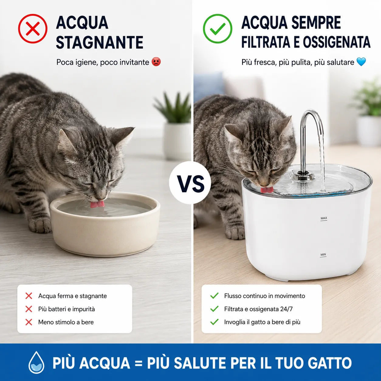 Fontana per animali bianca con beccuccio metallico e vasca trasparente circolare