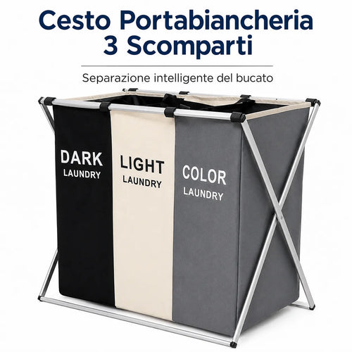 Cesto portabiancheria pieghevole a 3 scomparti con telaio in metallo, scuri/chiari/colorati.