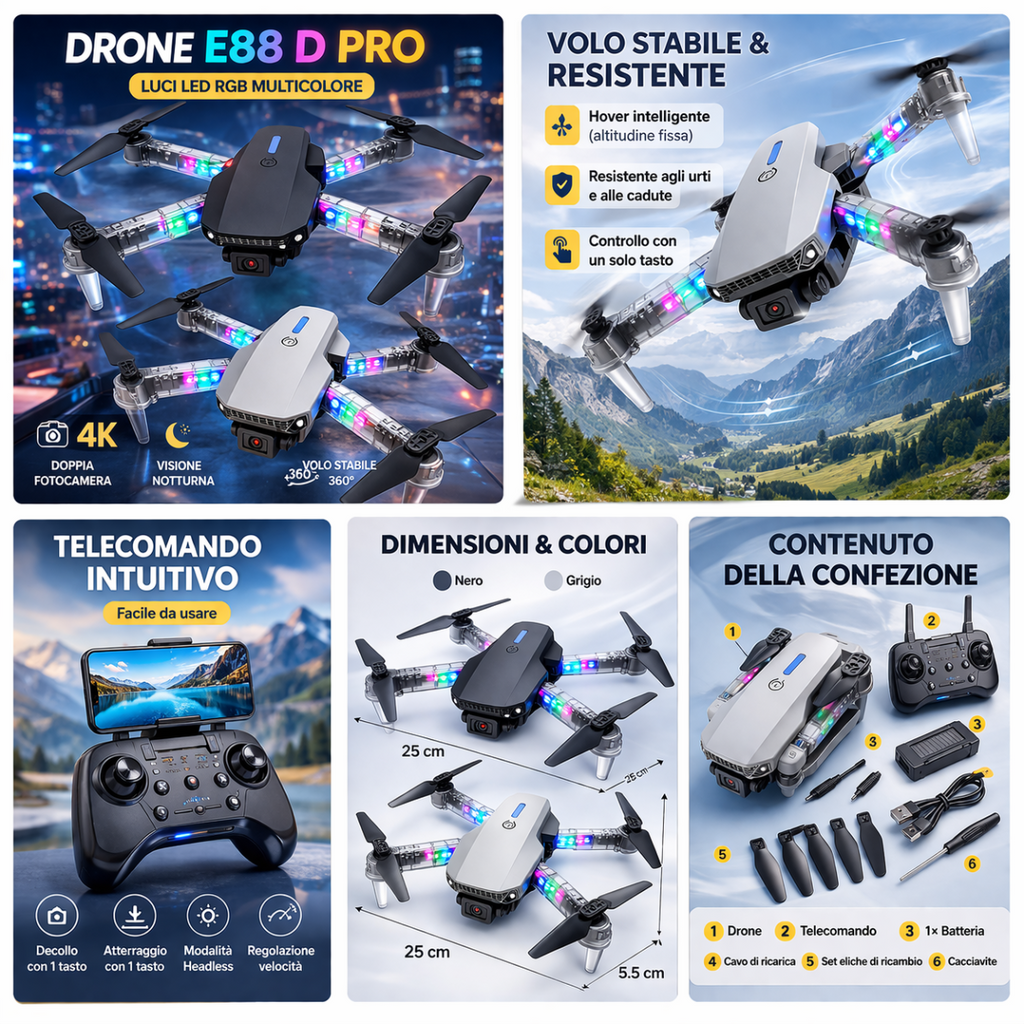 Set drone pieghevole: drone, telecomando e accessori con luci LED RGB multicolore.