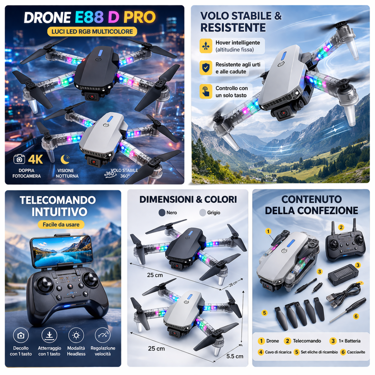 Set drone pieghevole: drone, telecomando e accessori con luci LED RGB multicolore.