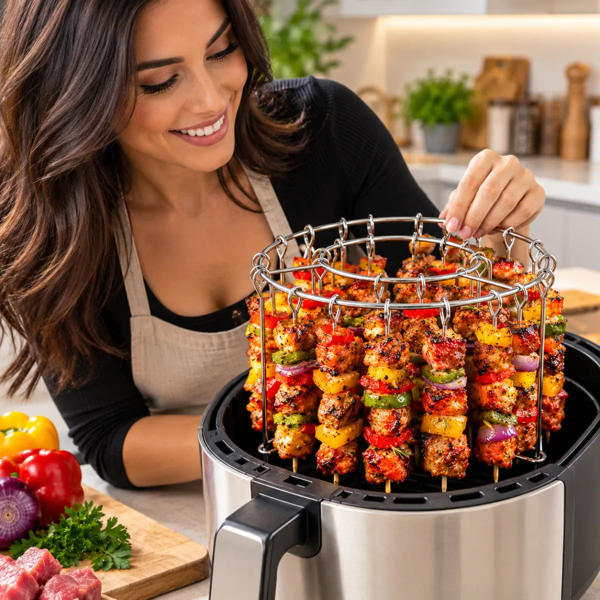 Griglia per Friggitrice ad Aria in Acciaio Inox con 24 Spiedini Verticali Rimovibili, Supporto Circolare per Kebab, Carne, Pollo, Pesce e Verdure