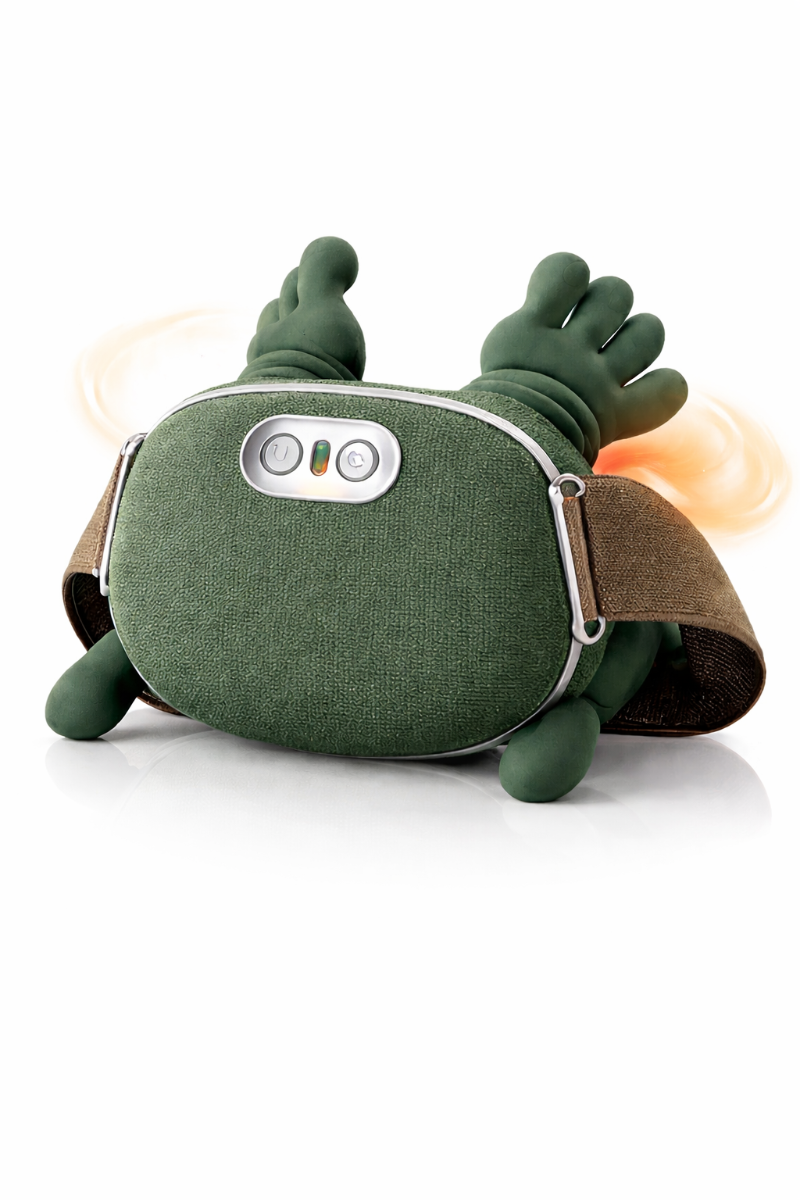 Massaggiatore verde con dita in silicone e fascia marrone, superficie tessile