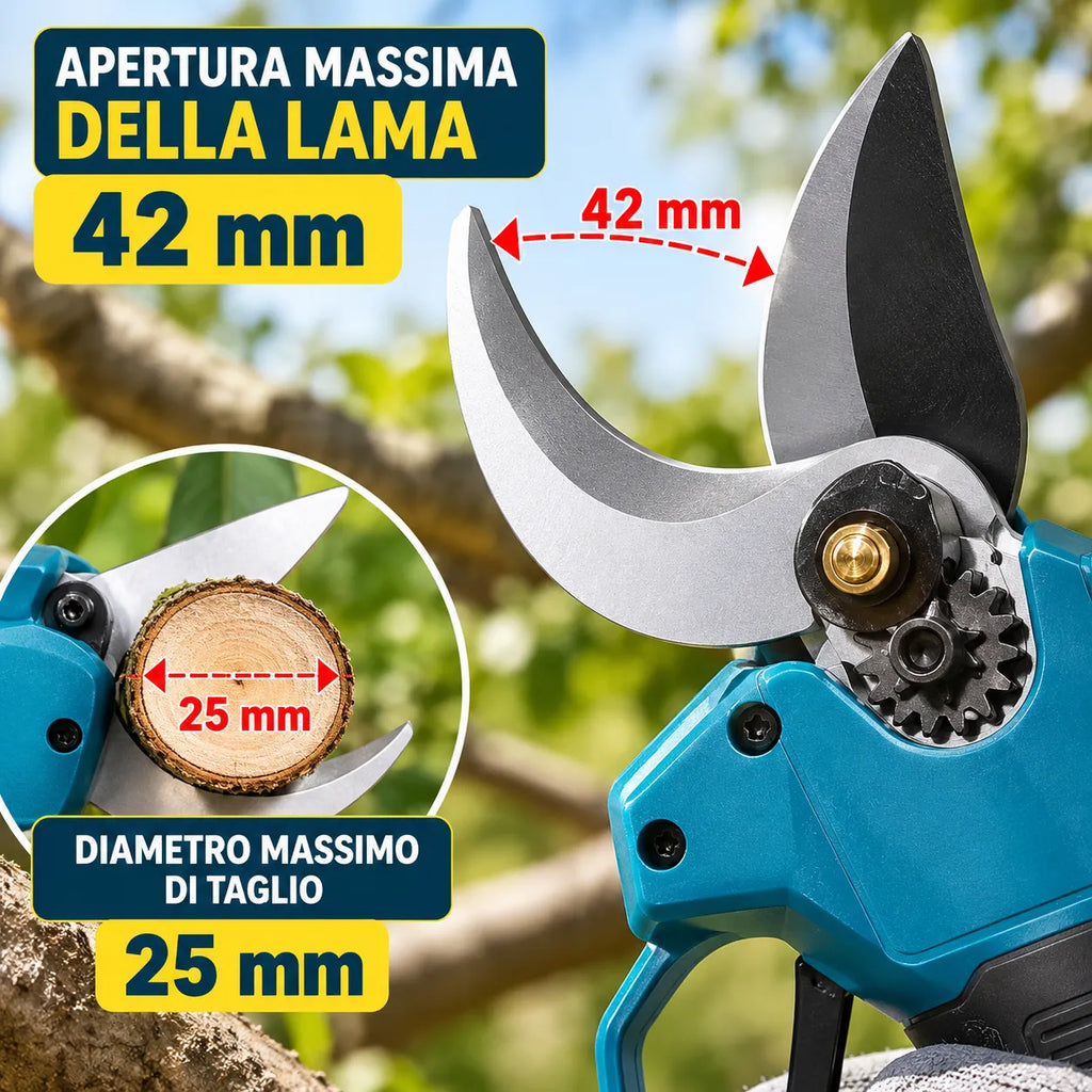 Cesoia elettrica con doppia lama curva in metallo, meccanismo di taglio blu