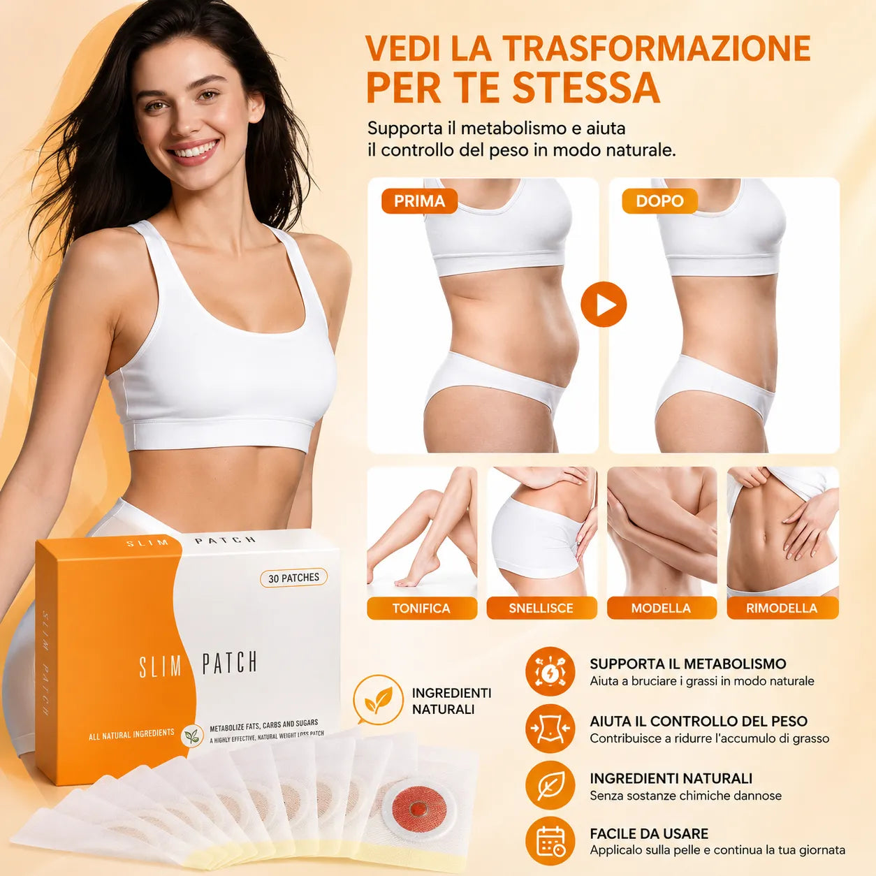 Confezione di cerotti adesivi rotondi e donna con reggiseno bianco, cerotto in evidenza