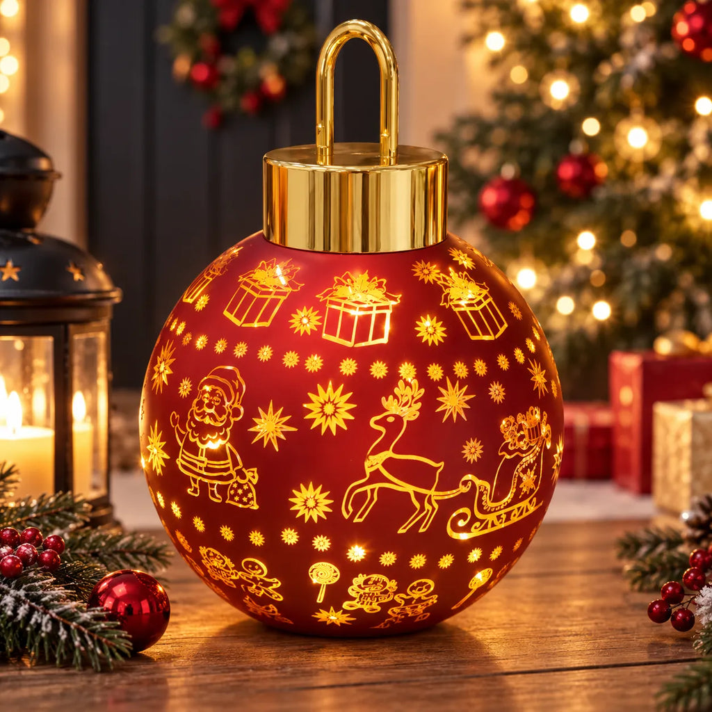 Palla di Natale luminosa LED rossa con decorazioni dorate e maniglia