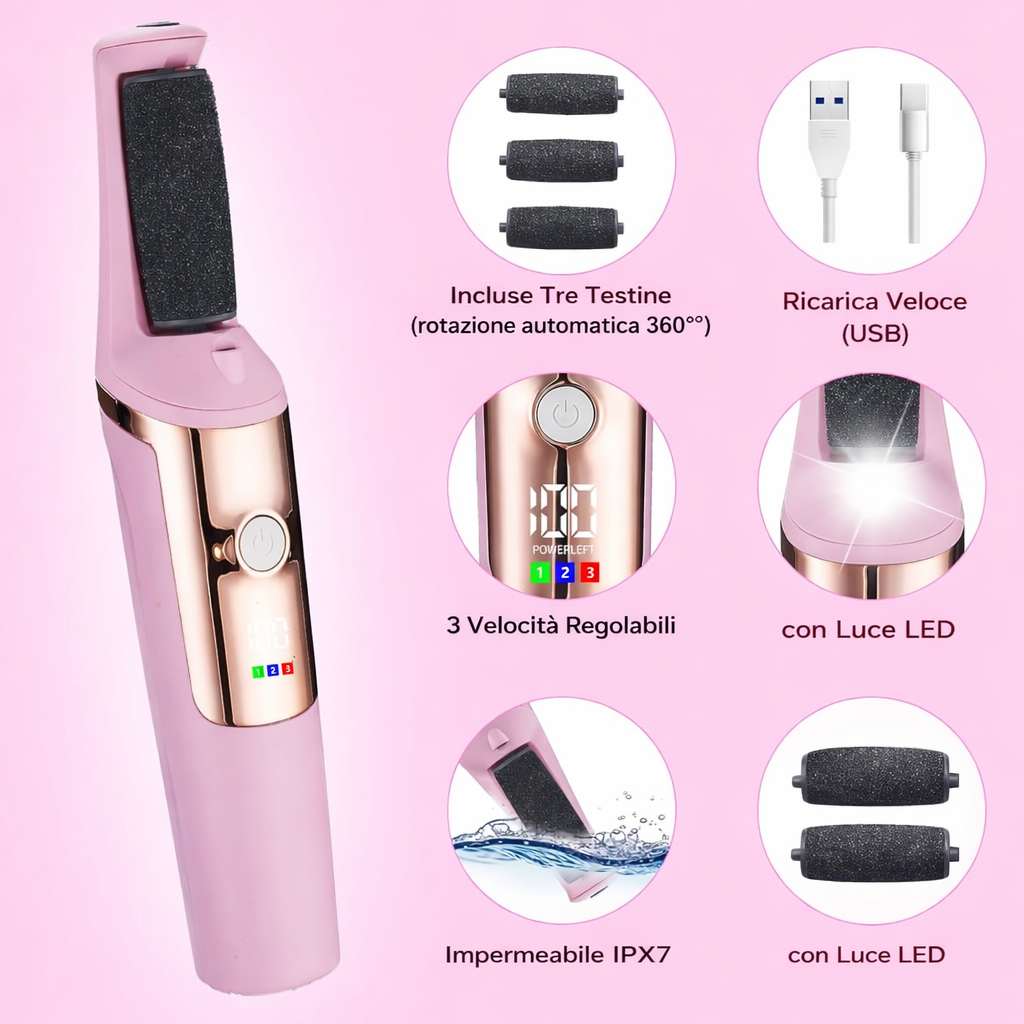 Pedicure Elettrico Professionale per Piedi – Lima Elettrica per Calli e Talloni – Rimuovi Pelle Morta – 3 Rulli Abrasivi – Display LED – Luce LED – Ricarica USB