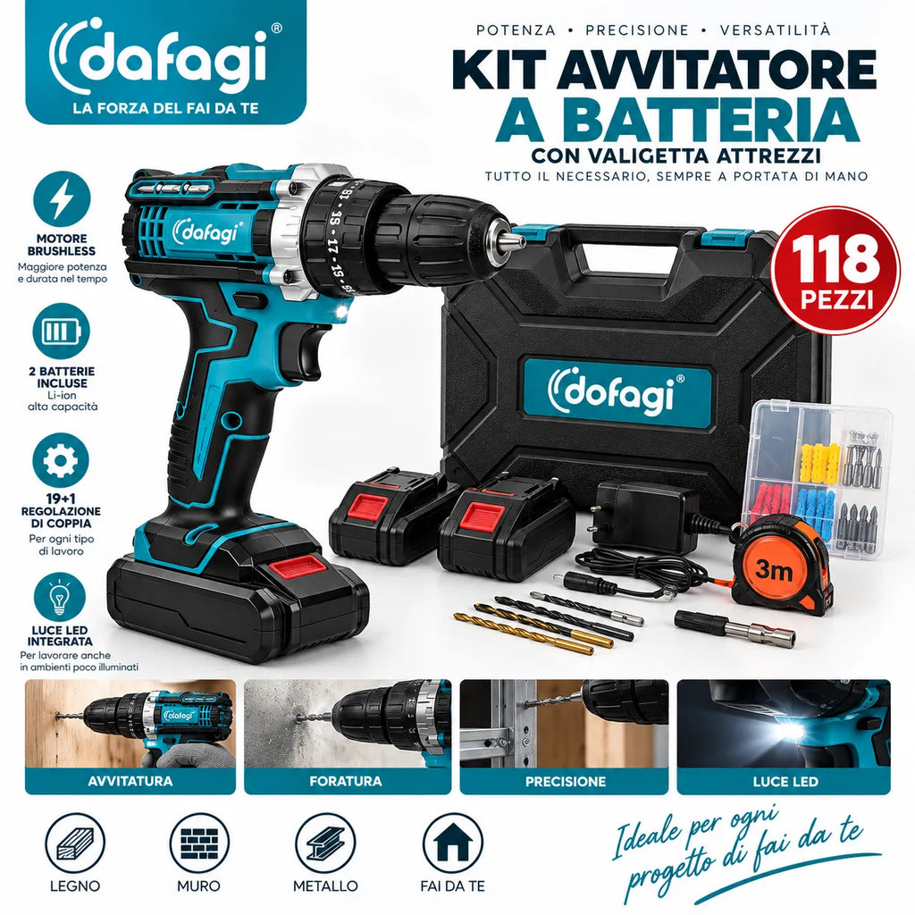 Kit avvitatore 48V con valigetta attrezzi e accessori, trapano nero e blu