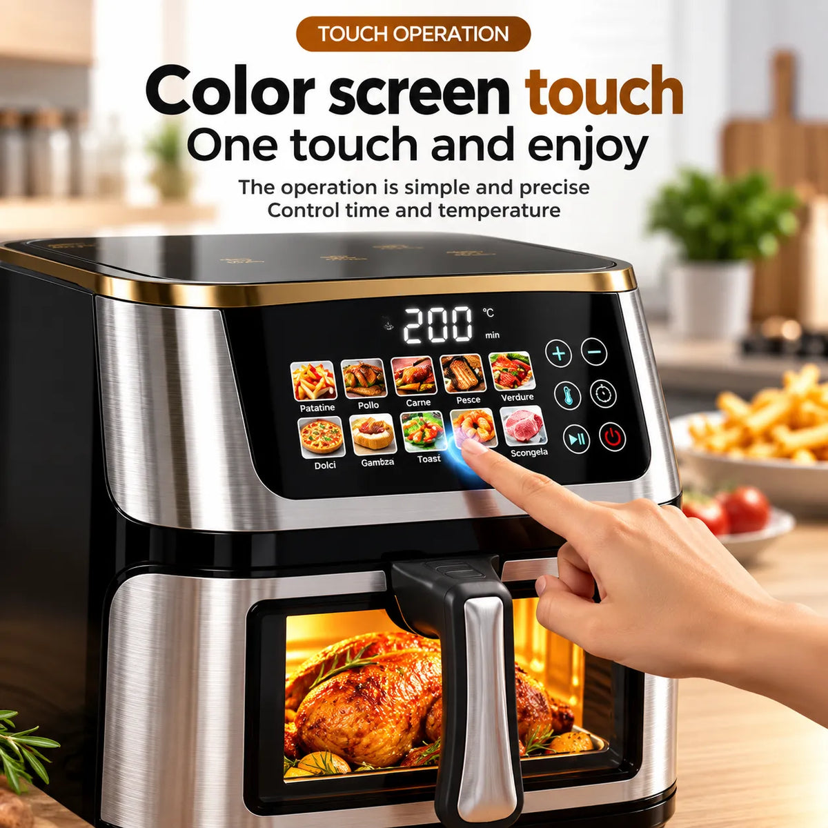 Friggitrice ad aria con pannello touch e display colorato, maniglia e cestello estraibile