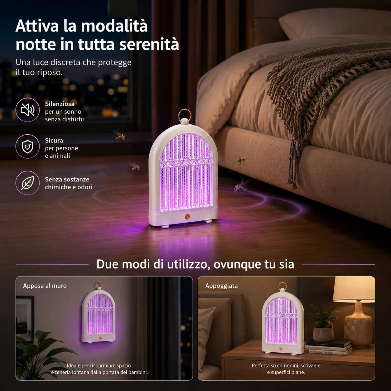 Lampada Insetticida LED UV Ricaricabile USB 2 Modalità Anti Zanzare Mosche da Appendere