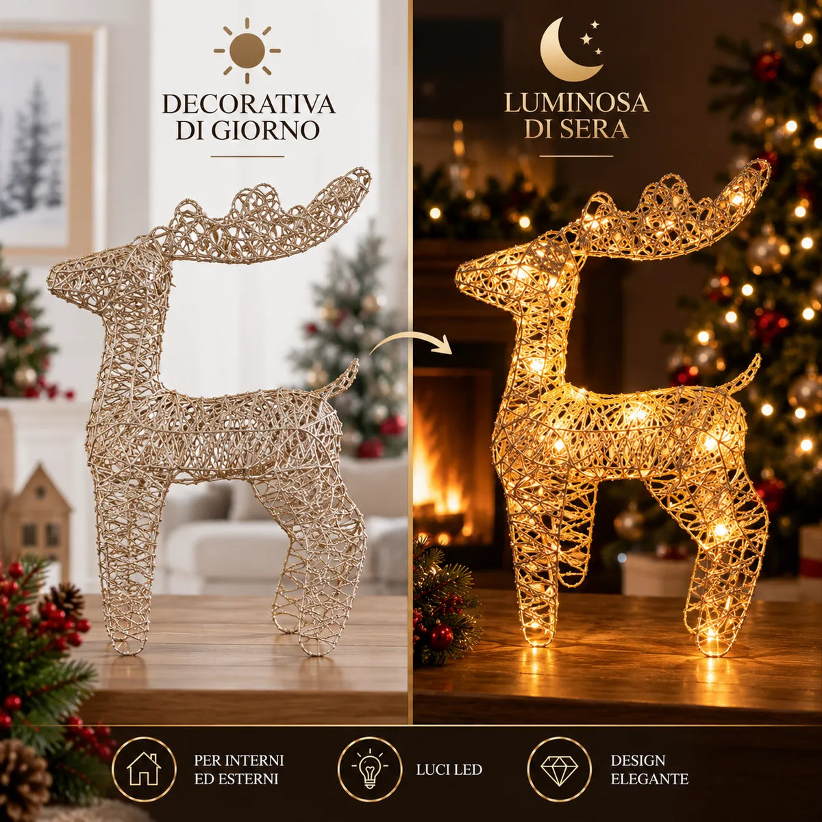 Renna natalizia con luci LED, intreccio argento e oro, decorazione 30 cm
