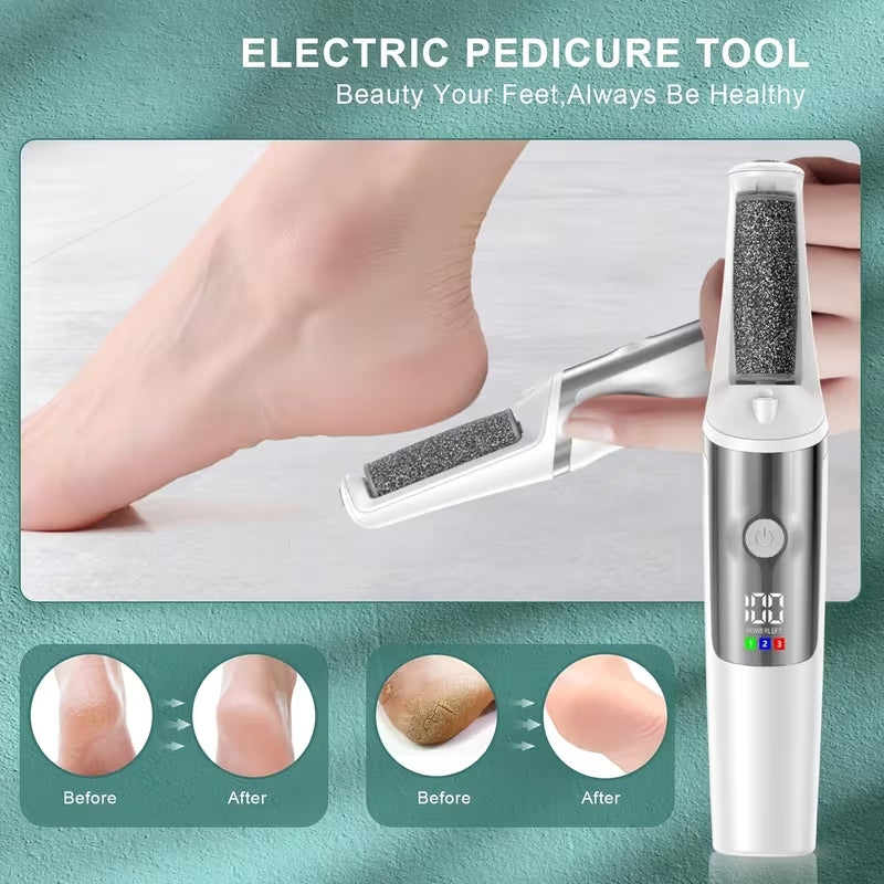 Pedicure Elettrico Professionale per Piedi – Lima Elettrica per Calli e Talloni – Rimuovi Pelle Morta – 3 Rulli Abrasivi – Display LED – Luce LED – Ricarica USB