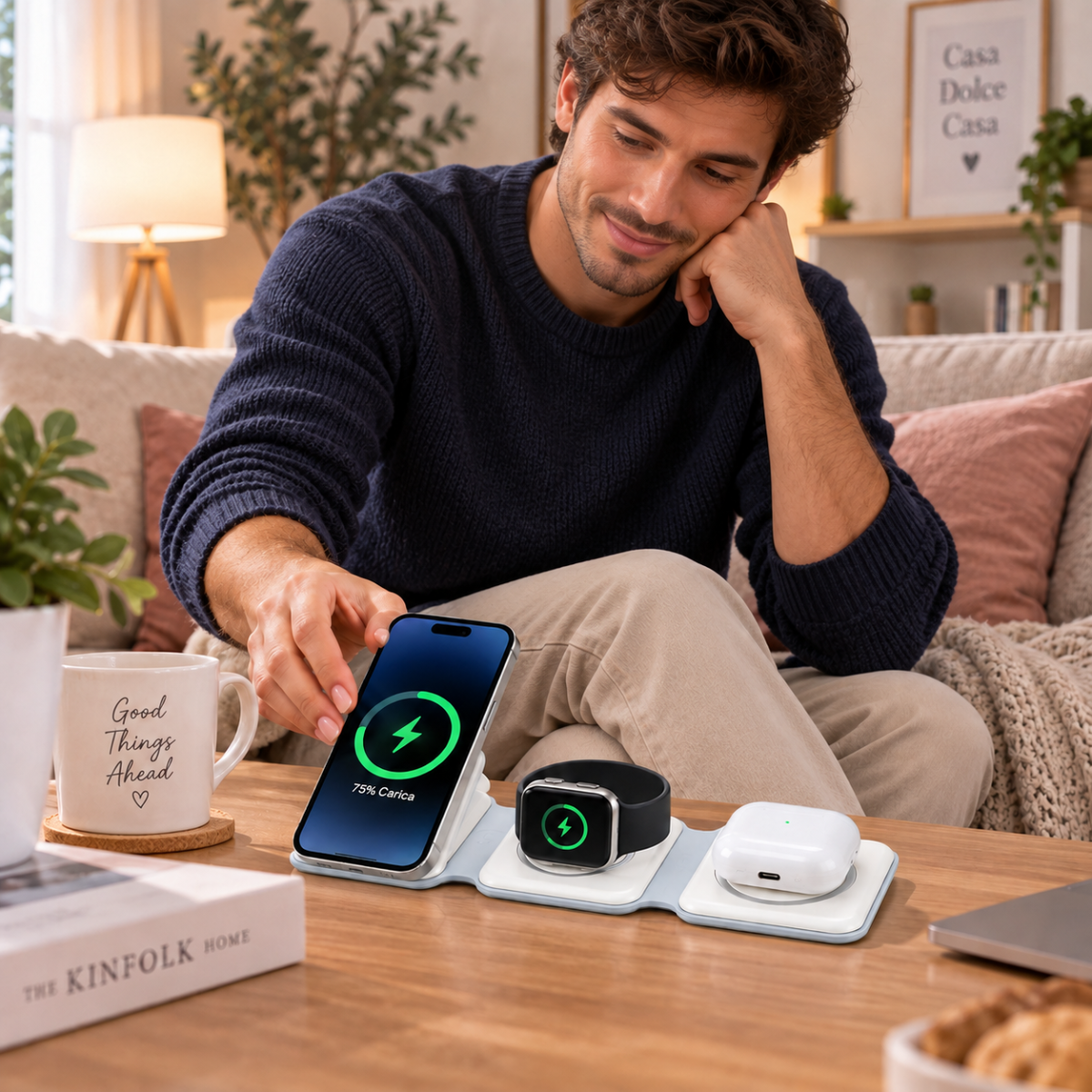 Base 3 in 1 magnetica pieghevole con smartphone, smartwatch e custodia auricolari