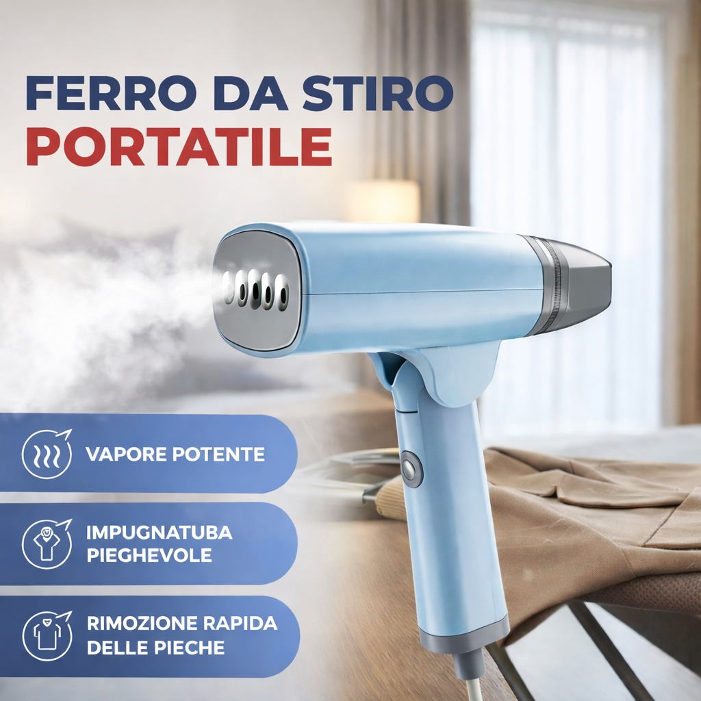 Ferro da stiro portatile a vapore azzurro con ugello grigio e impugnatura bianca