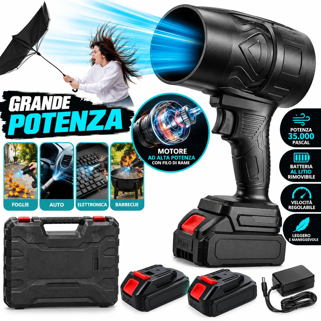 Soffiatore cordless nero con flusso d’aria concentrato, impugnatura ergonomica