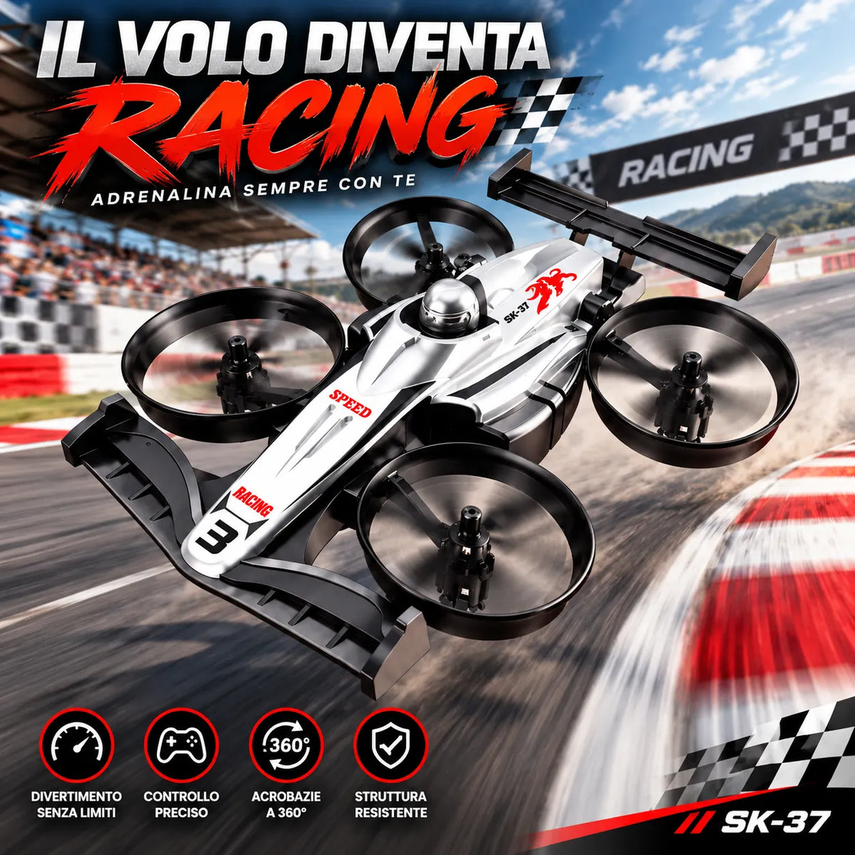 Quadricottero RC bianco con 4 eliche nere e protezioni integrate SK-37