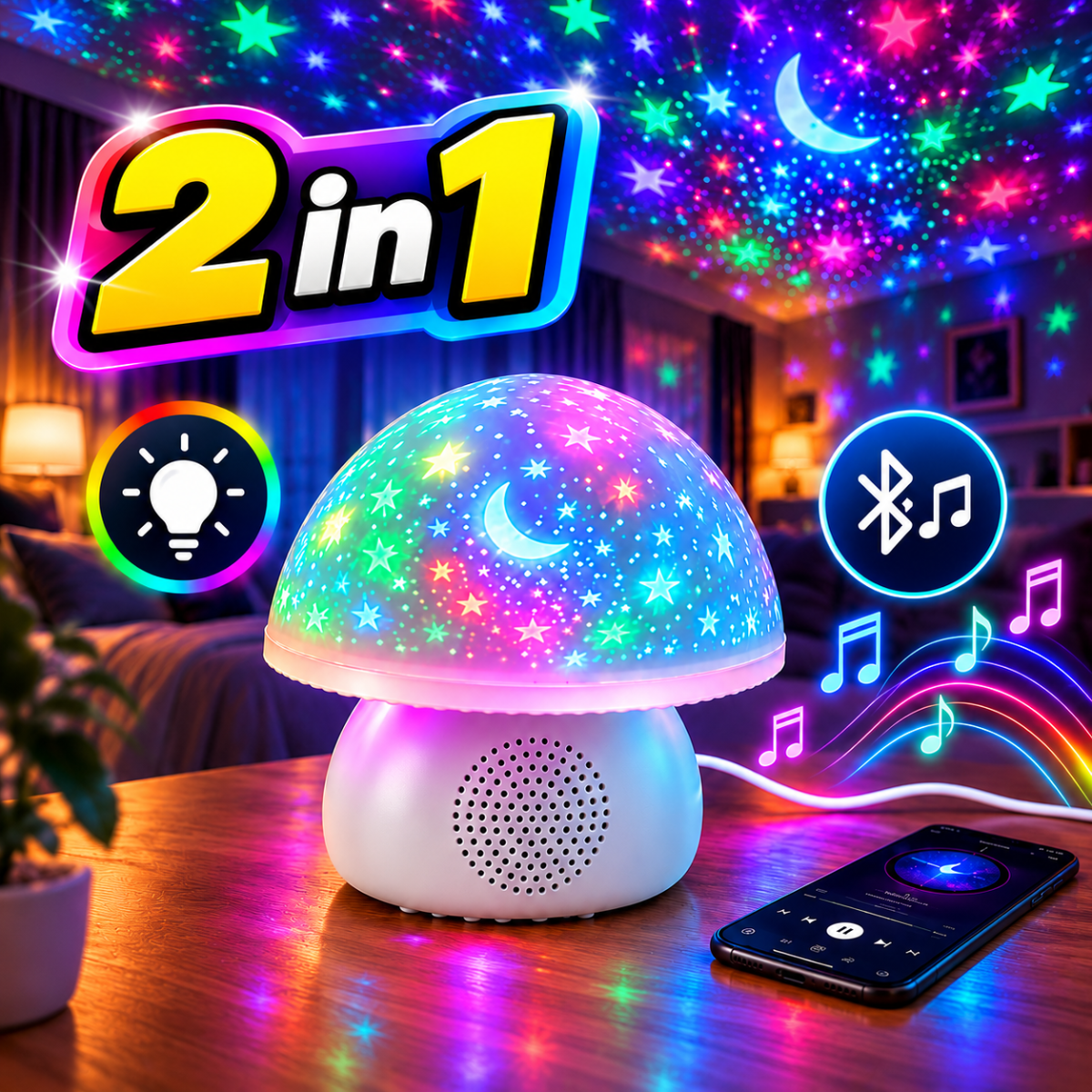 Proiettore LED stelle e luna RGB con altoparlante Bluetooth, cupola multicolore su base bianca.