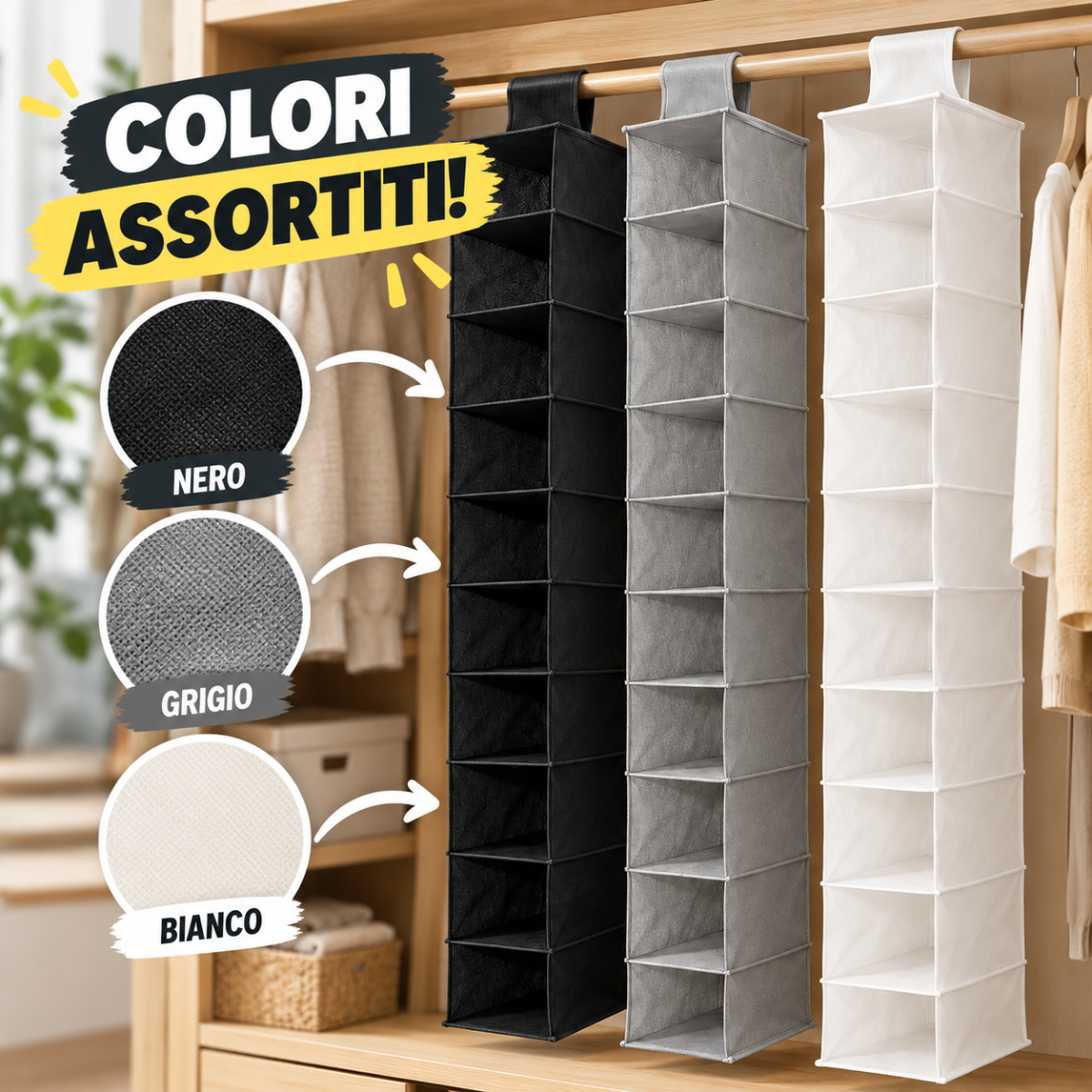 Portaoggetti da appendere con 10 ripiani, colori nero, grigio e bianco.