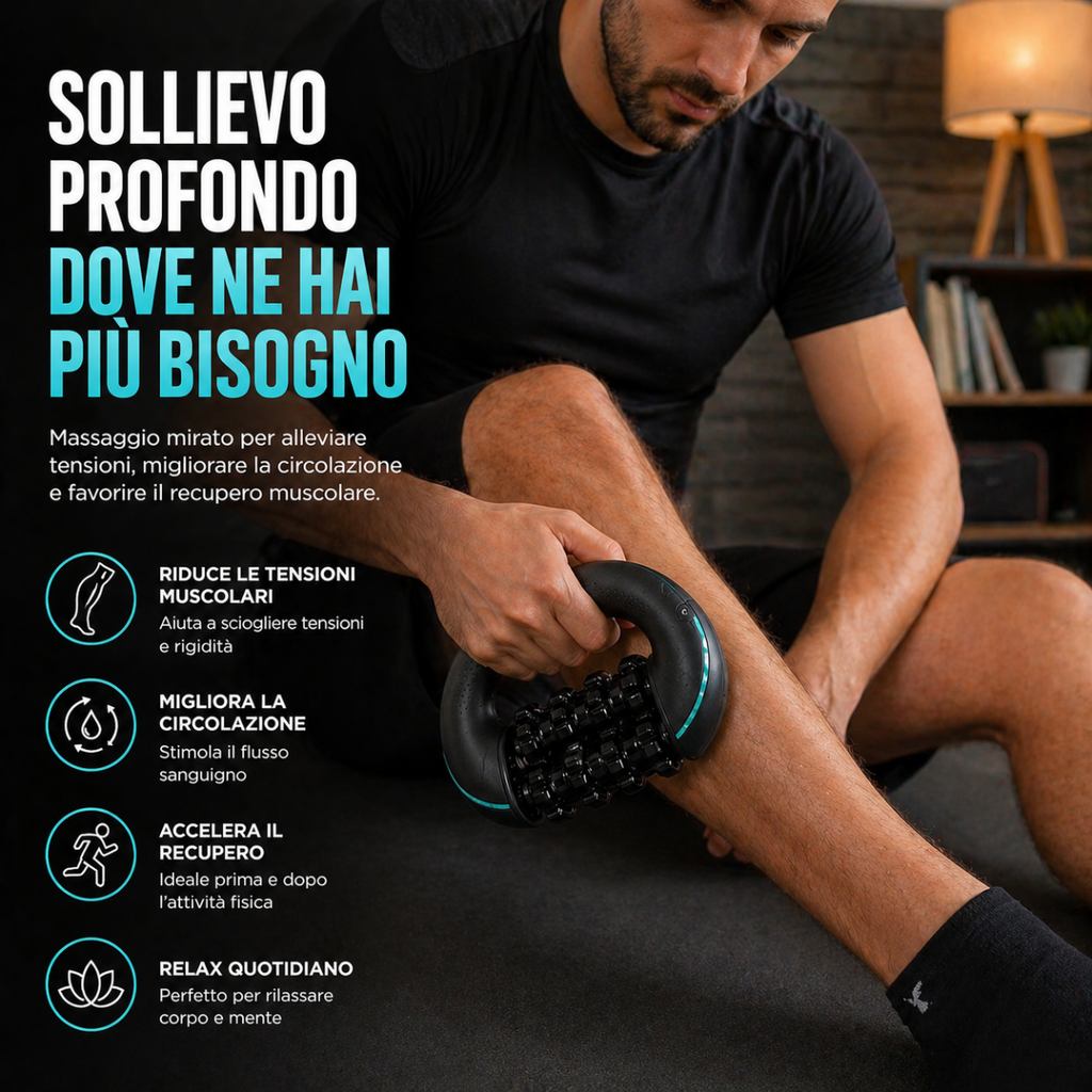 Massaggiatore muscolare elettrico nero con rulli percussivi usato sulla gamba.