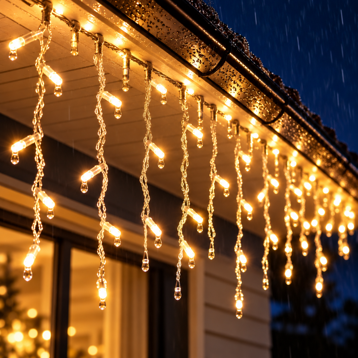 Tenda luminosa 150 LED bianco caldo in fili pendenti, gocce luminose ravvicinate