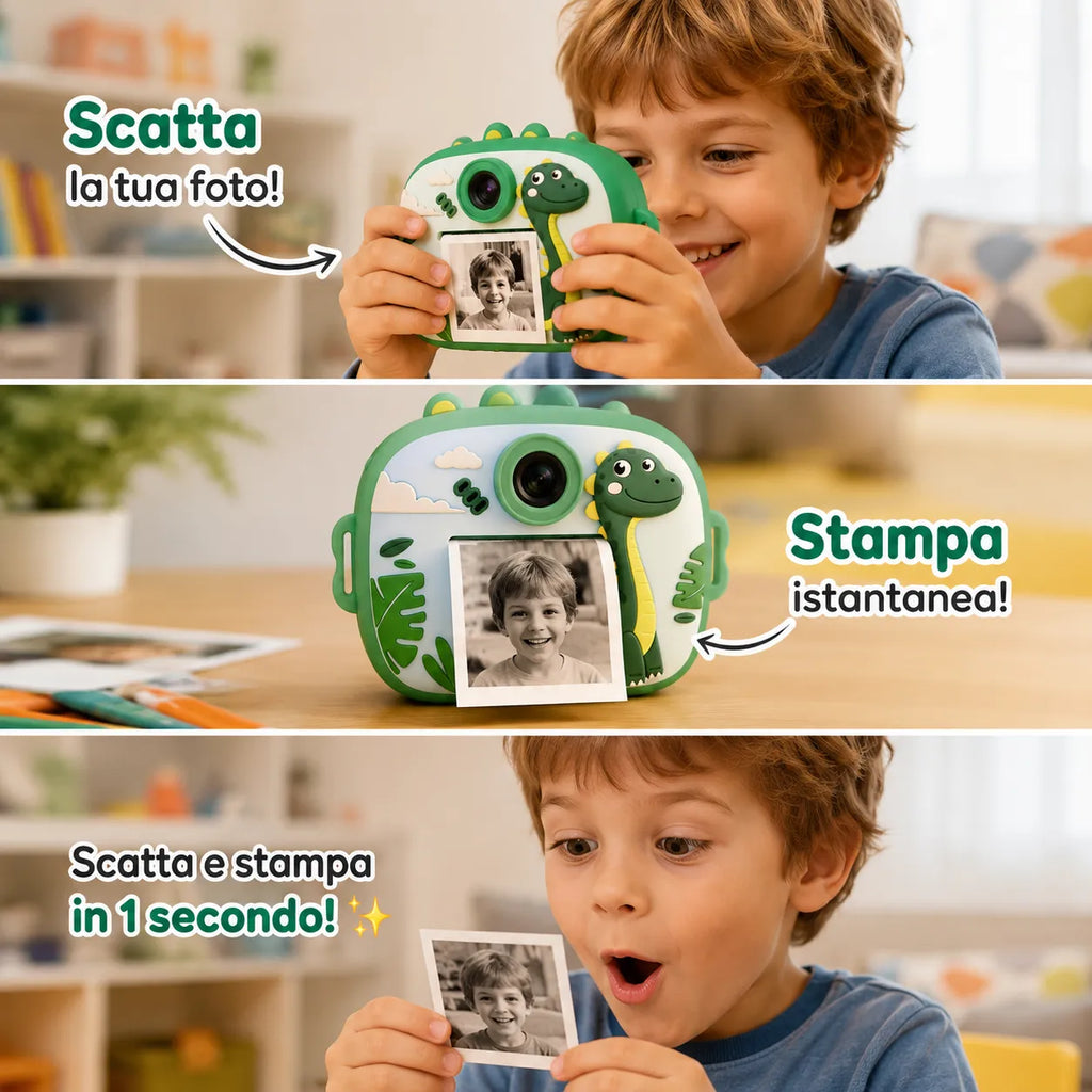 Mini fotocamera educativa verde con stampa istantanea, dinosauro e foto stampata