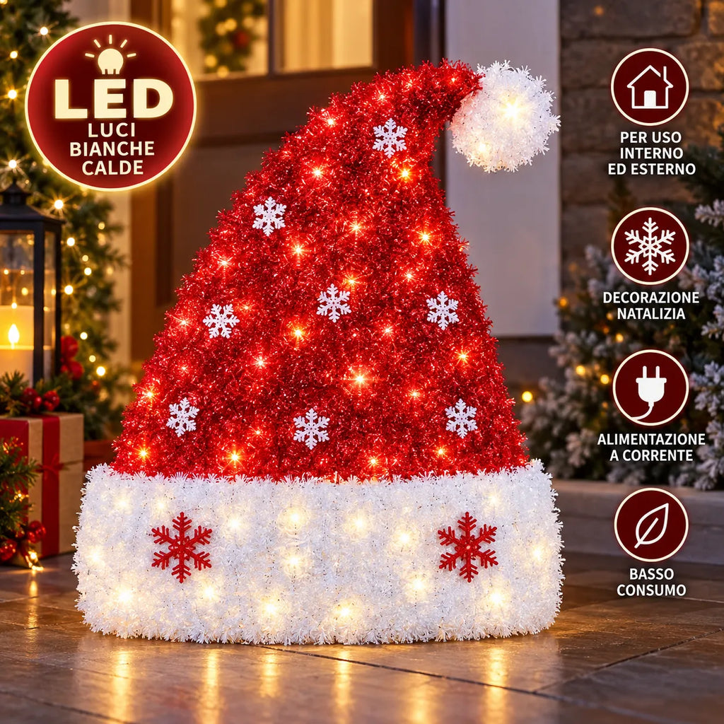 Cappello di Babbo Natale LED rosso con bordo bianco e fiocchi di neve luminosi