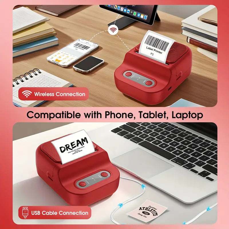 Stampante termica per etichette rossa con connessione wireless a telefono e laptop