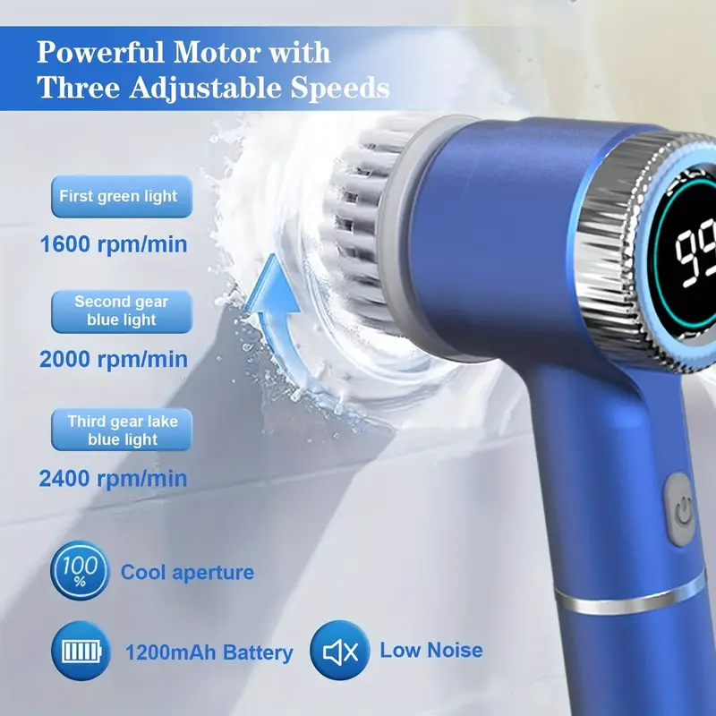 Spazzola elettrica per pulizia blu con testa a setole e display LED sul manico