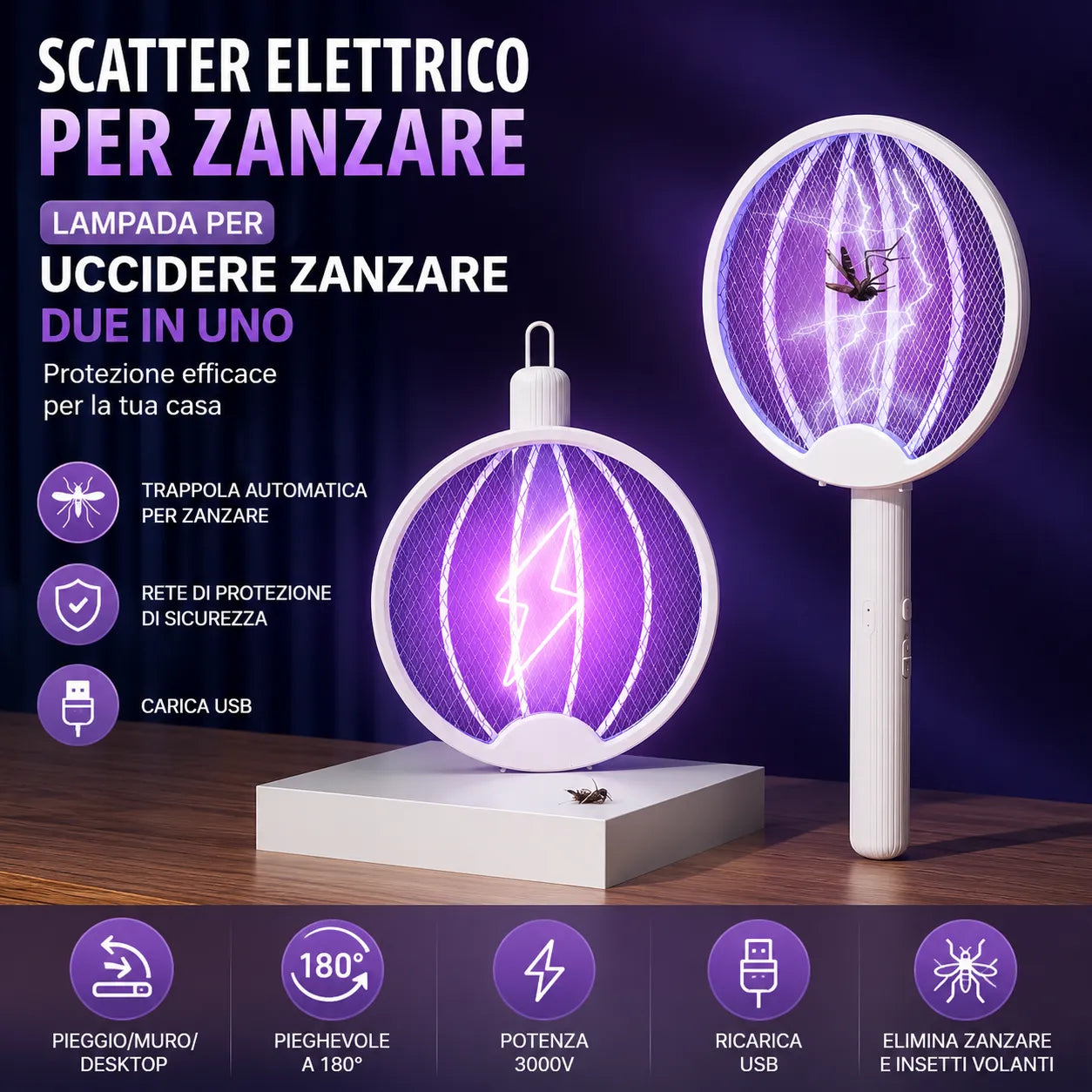 Racchetta Zanzare Elettrica 2 in 1 con Lampada UV Antizanzare Pieghevole USB Ricaricabile per Casa Campeggio Giardino
