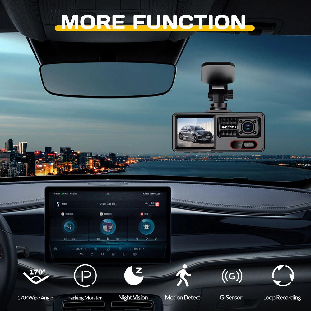 Dash cam tripla in auto con schermo e telecamera su supporto, design compatto