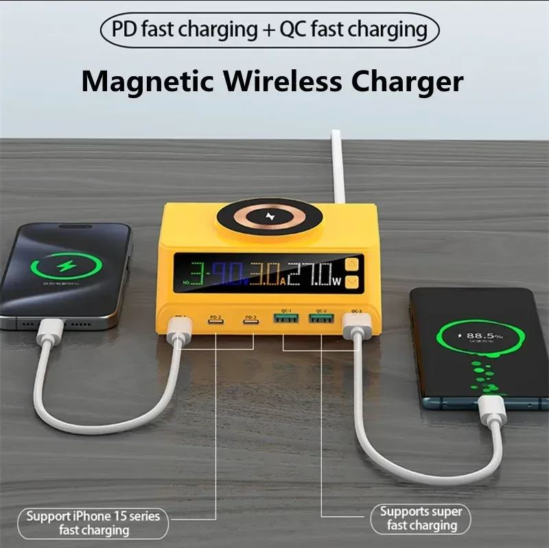 Stazione di ricarica magnetica wireless gialla con cavi collegati e display LED