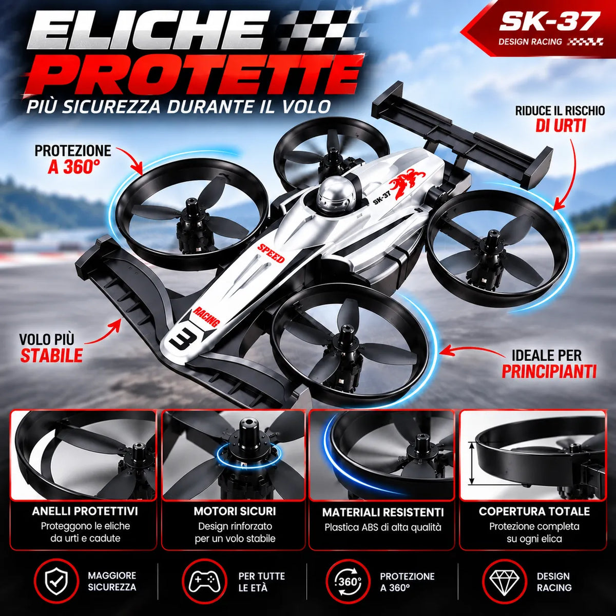 Quadricottero RC bianco con 4 eliche nere e protezioni antirischio integrate