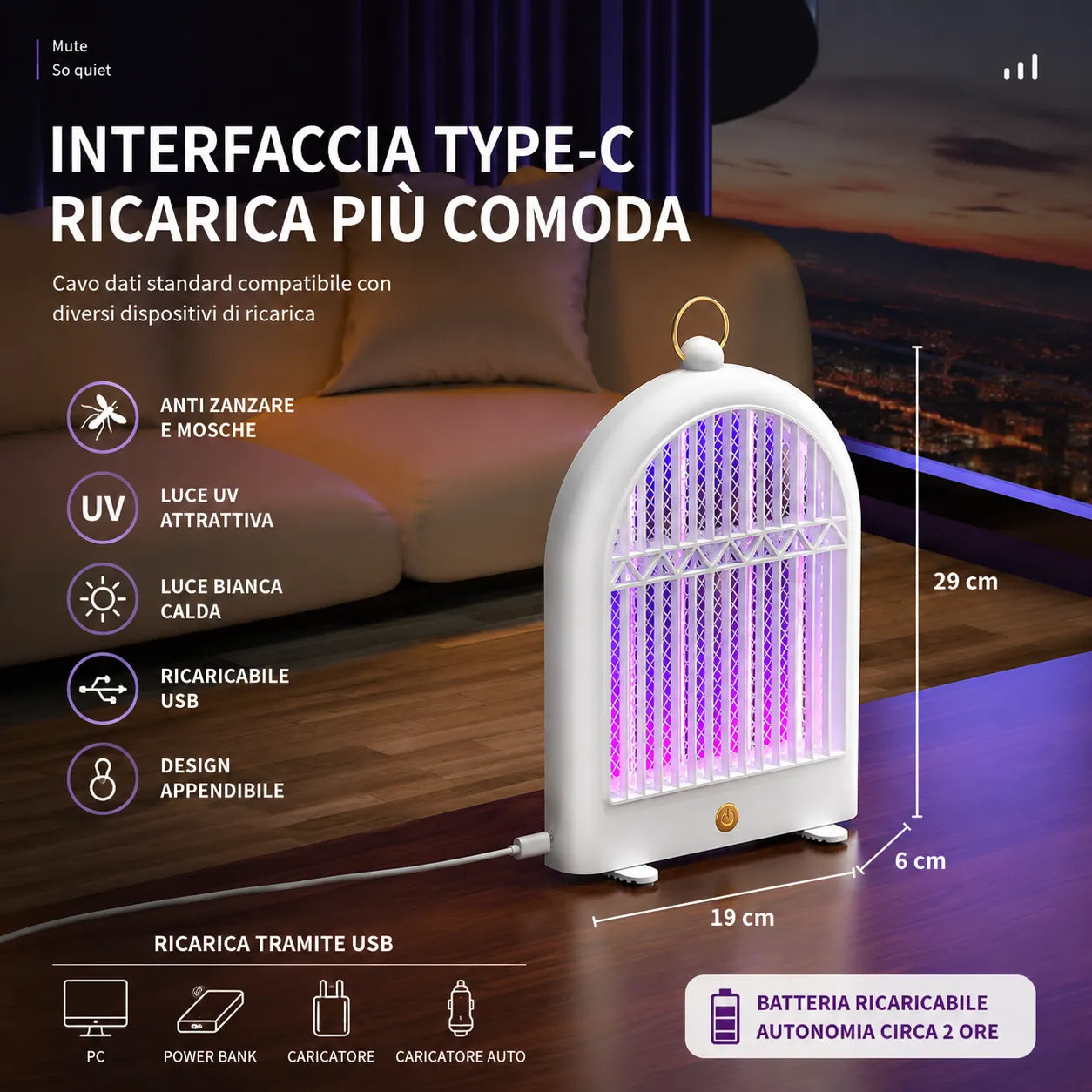 Lampada Insetticida LED UV Ricaricabile USB 2 Modalità Anti Zanzare Mosche da Appendere