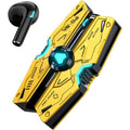 Auricolari wireless cyberpunk gialli con custodia mecha e pulsante blu