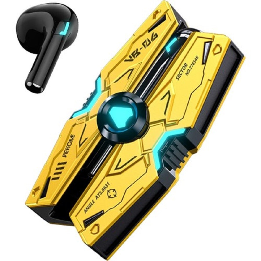 Auricolari wireless cyberpunk gialli con custodia mecha e pulsante blu