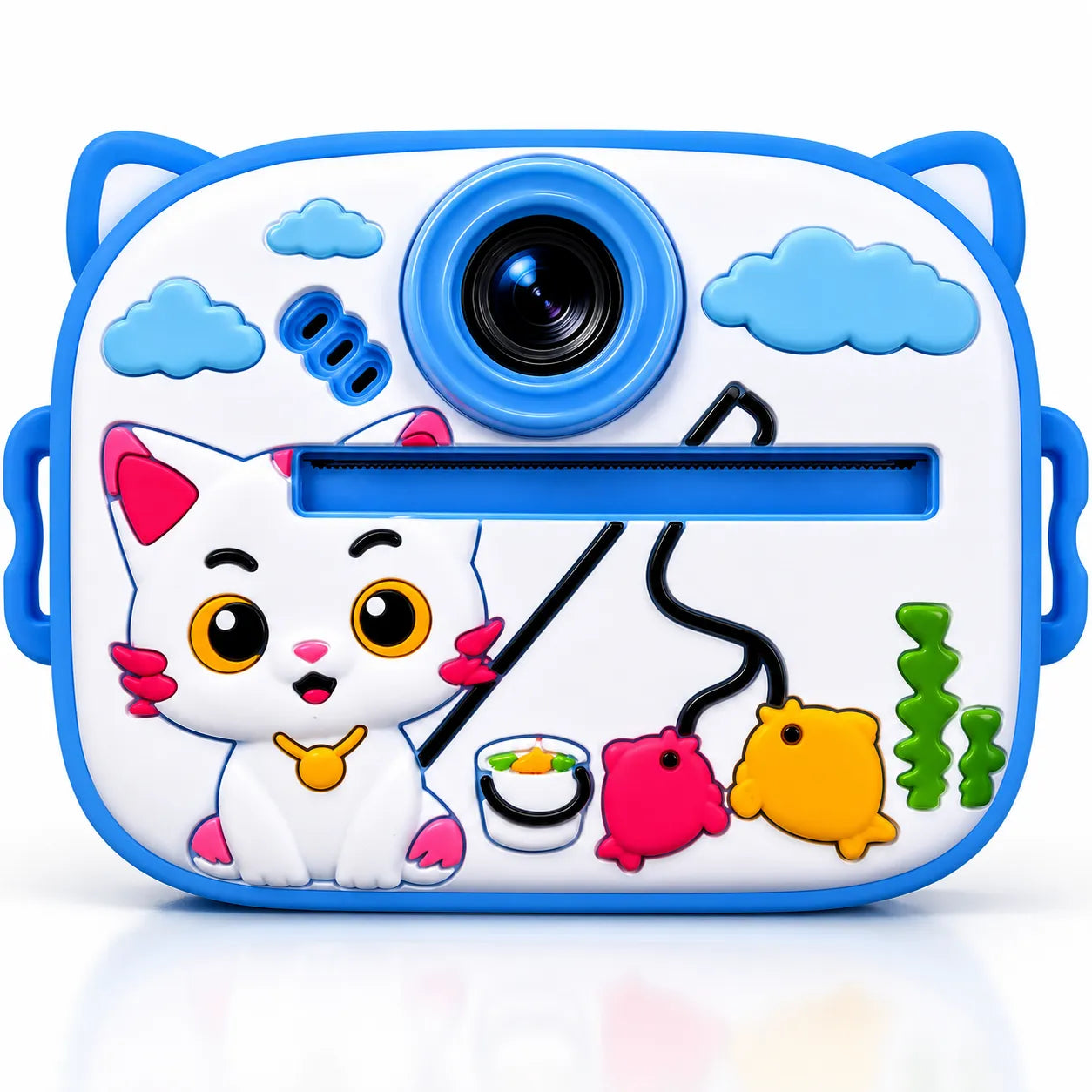 Mini fotocamera educativa blu con stampa istantanea, obiettivo e grafica gatto