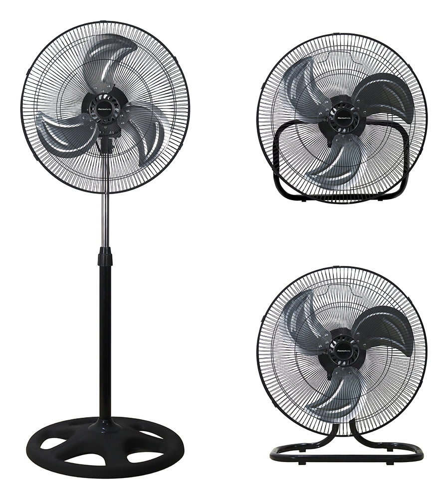 Ventilatore nero con griglia circolare e base tonda, vista laterale