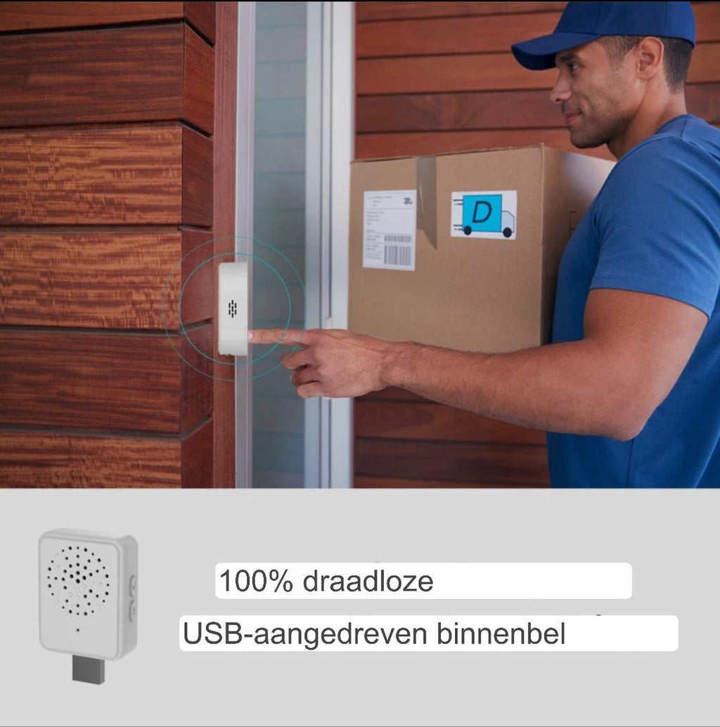 Campanello video wireless quadrato bianco con griglia diffusore e pulsanti laterali