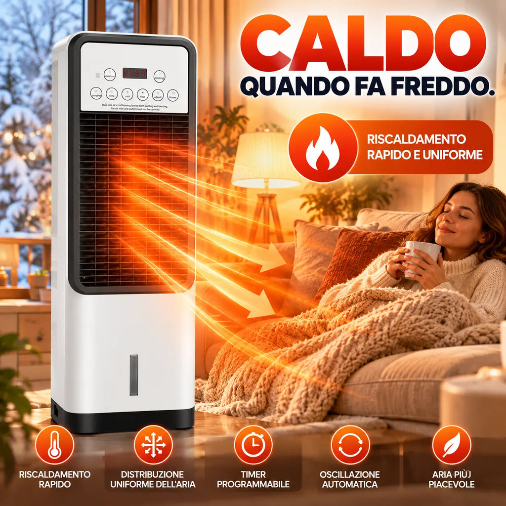 Raffrescatore e termoventilatore 3 in 1 bianco e nero con pannello comandi superiore.