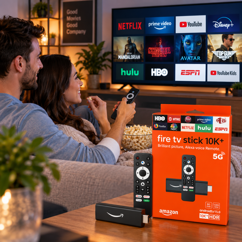Dispositivo streaming TV HDMI con telecomando nero e stick HDMI, confezione arancione