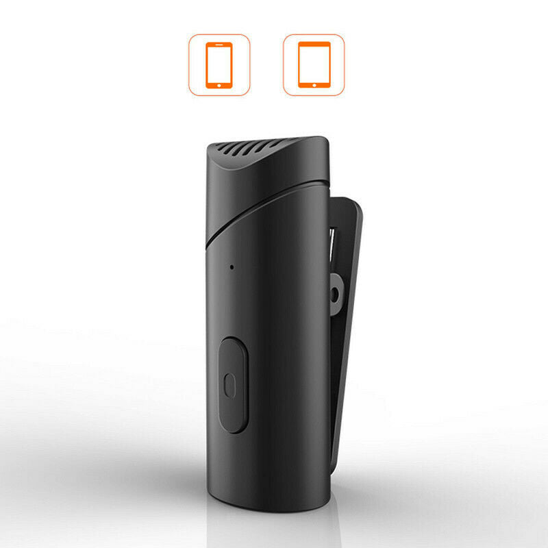 Microfono wireless nero con clip da bavero, pulsante laterale