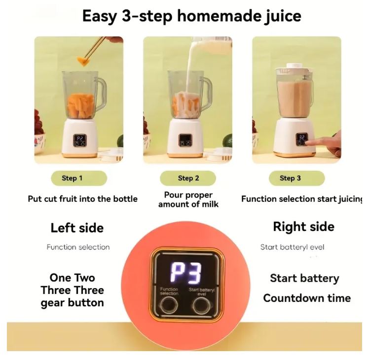 Frullatore portatile USB con display e tre fasi d’uso su caraffa trasparente