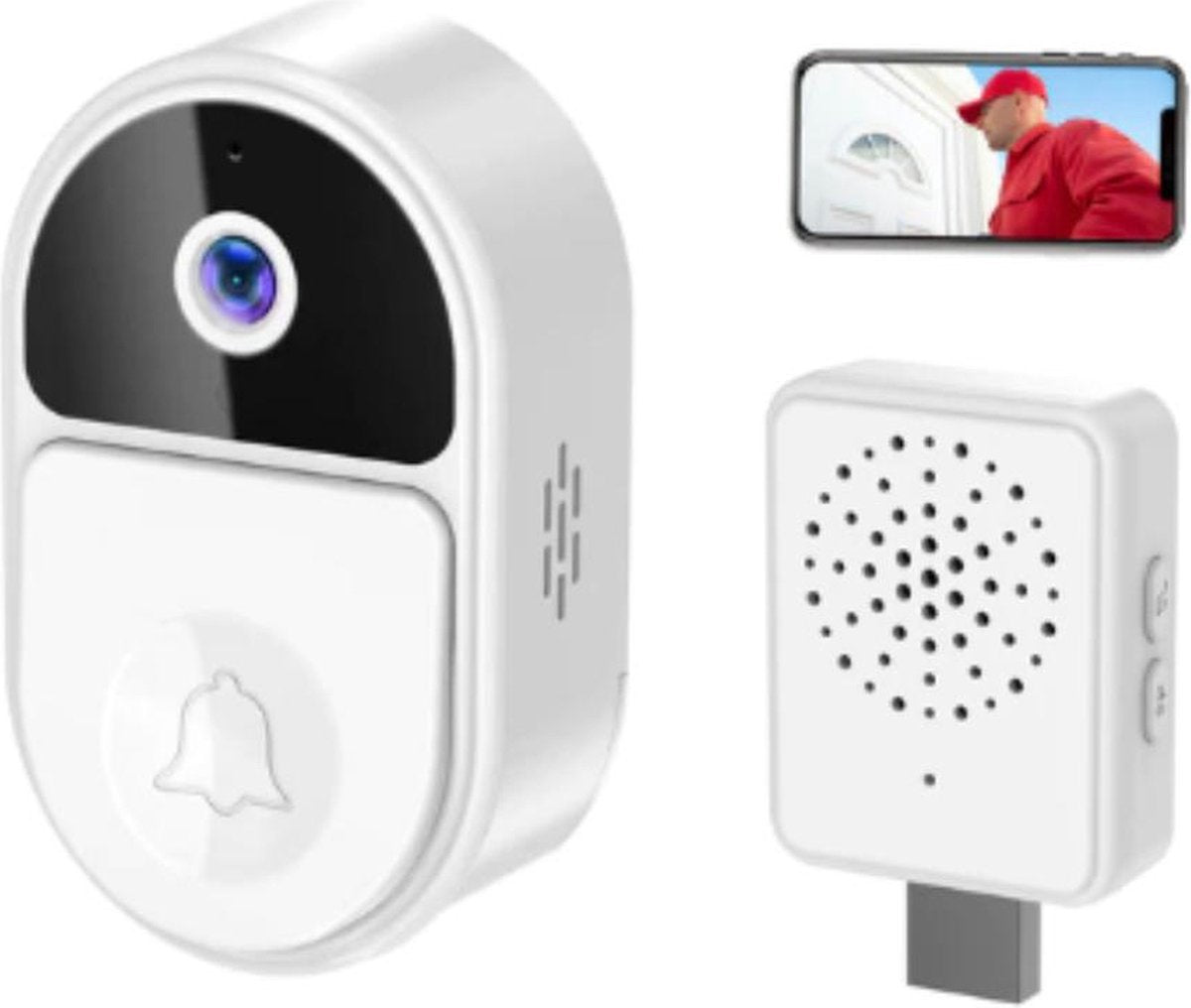 Campanello video wireless bianco con lente videocamera e pulsante campanello