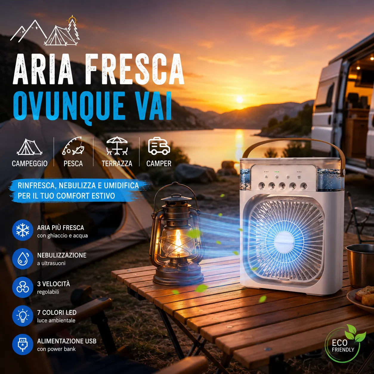 Mini Raffrescatore Condizionatore Portatile USB-C con Nebulizzatore LED 7 Colori
