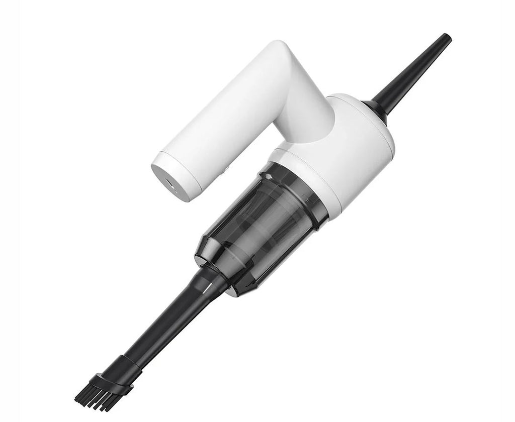 Aspirapolvere portatile bianco con impugnatura e spazzola nera a setole