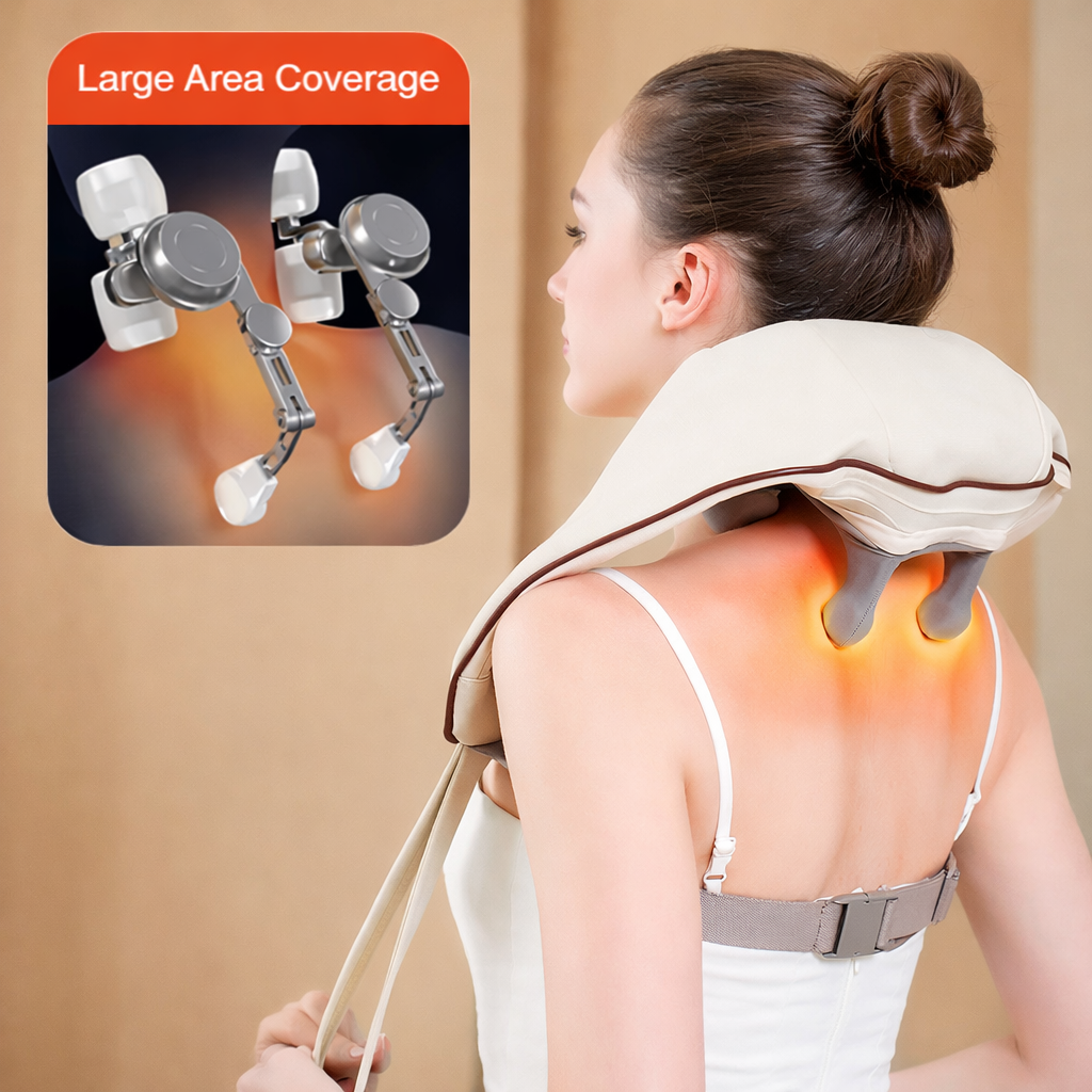 Massaggiatore elettrico per collo e spalle beige con inserti scaldanti e cinghie