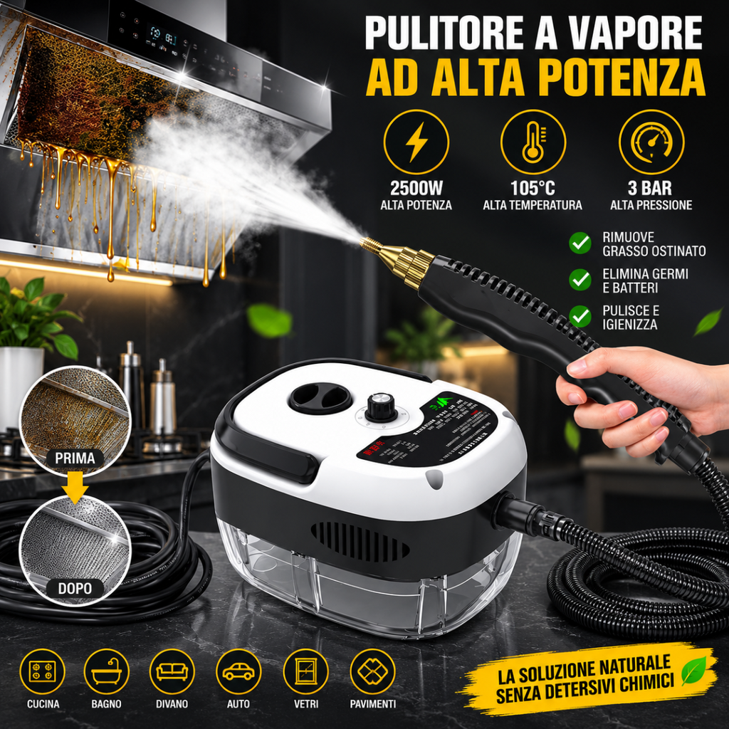 Pulitore a vapore professionale con pistola e tubo flessibile, vapore ad alta pressione