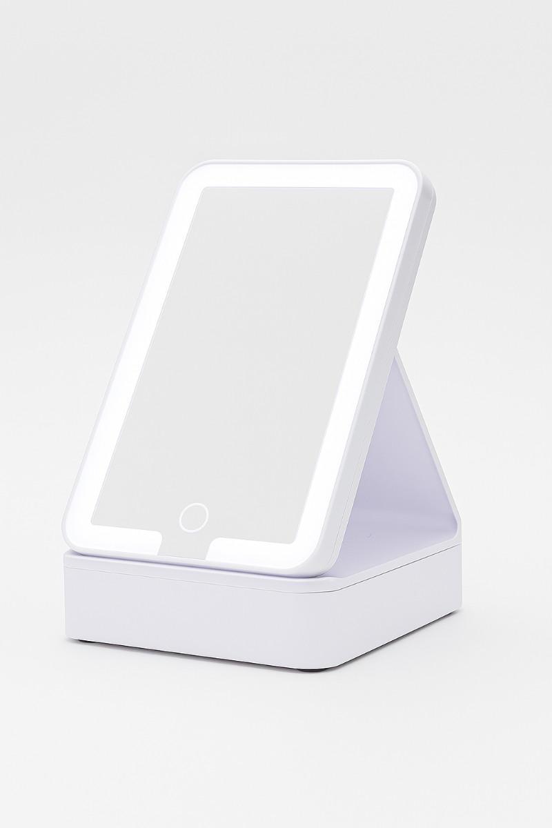 Specchio trucco LED touch bianco con cornice luminosa e base da tavolo inclinabile