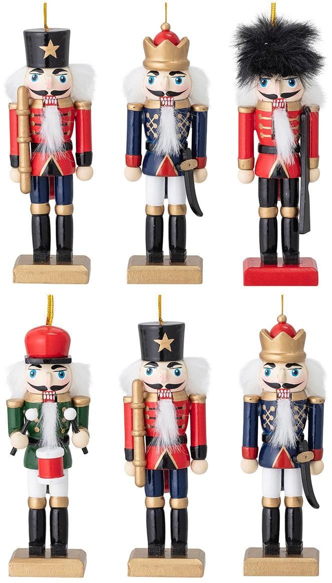 Set di ciondoli schiaccianoci in legno: soldatini con uniforme blu/rossa e cappelli pelosi
