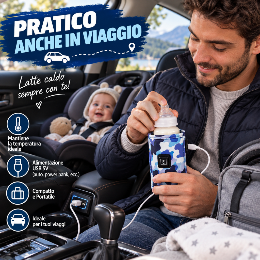 Borsa termica scaldabiberon USB mimetica blu usata in auto con bottiglia